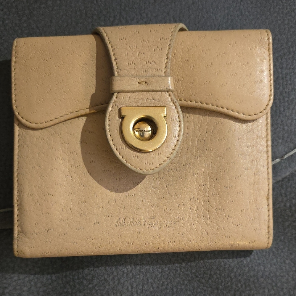 Salvatore Ferragamo Beige Leather Wallet with Gold Accent